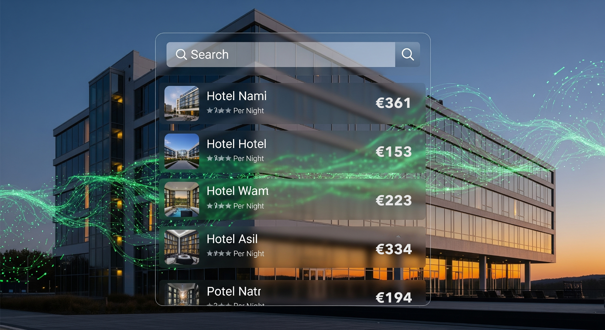 AI interface showing hotel search results with modern hotel in background