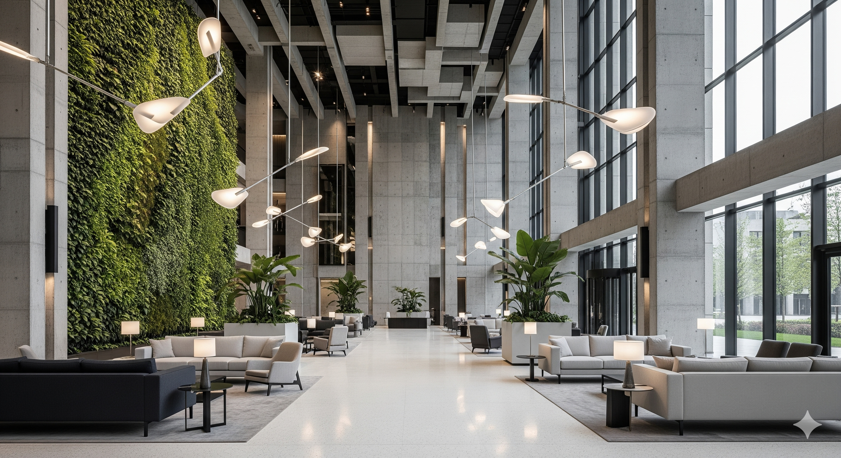 Modern brutalist hotel lobby interior with minimalist concrete architecture showcasing destination appeal that converts browsers into bookers